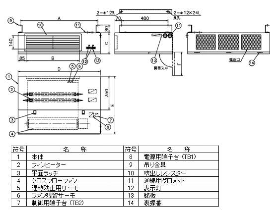 天吊型電熱式ファンDFS-200PU〜DFS-10KPU 構造図
